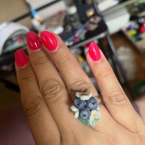 Handcrafted Blueberry and Flower Adjustable Ring silver plated